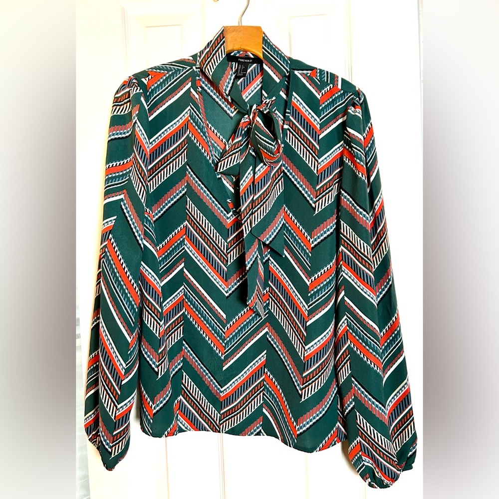 Forever 21 Women's Tie Neck Blouse Long Sleeve- Multicolor, Sz L, NWOT
